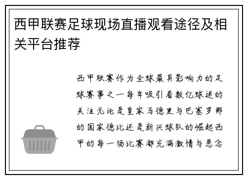 西甲联赛足球现场直播观看途径及相关平台推荐